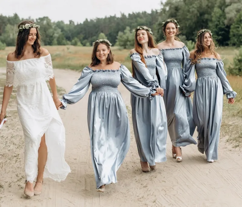 shirred boho muted blue bridesmaid dresses shirred boho muted blue bridesmaid dresses