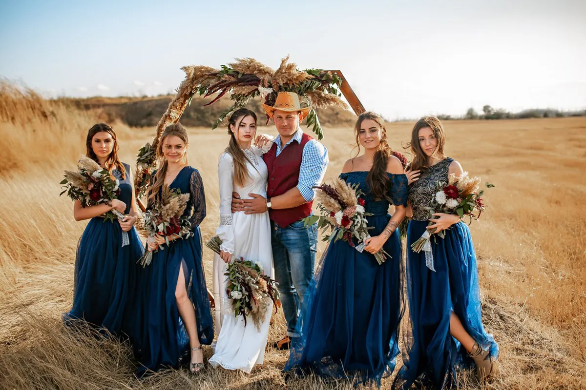 deep blue lace and tulle bridesmaid dresses for bohemian wedding
