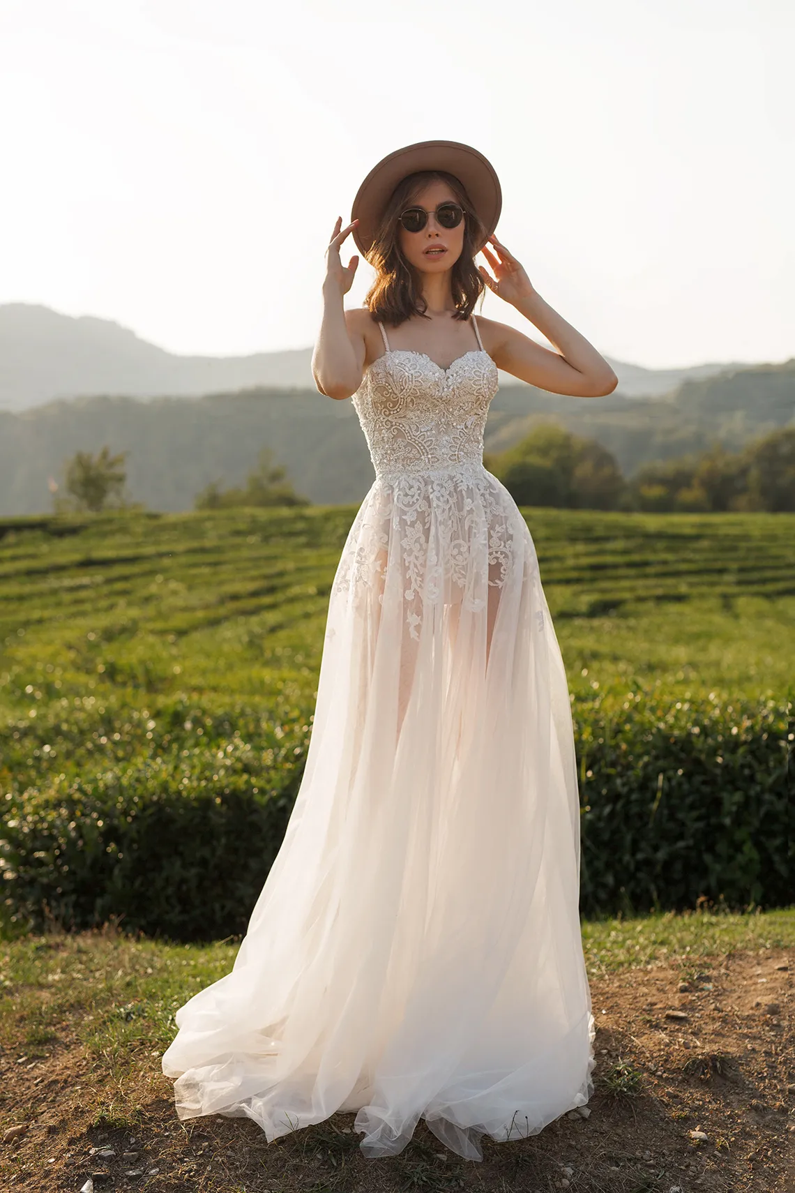 beaded lace A line sheer destination bridal gown