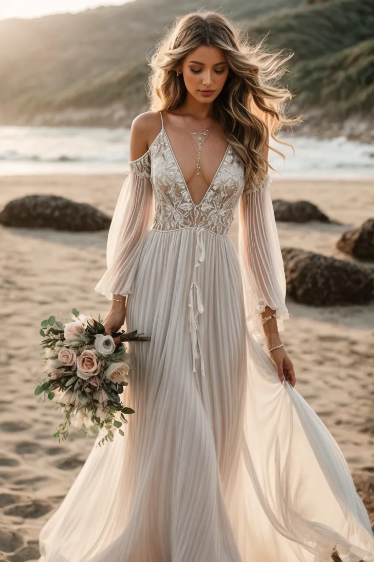 boho plunging neckline lace and chiffon beach wedding dress