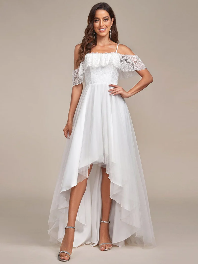 cold shoulder lace and tulle high low wedding dress