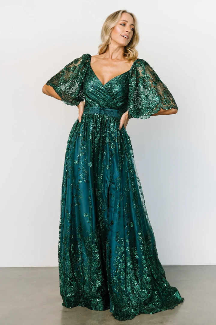 glitter emerald tulle V-neck evening dress glitter emerald tulle V neck dress