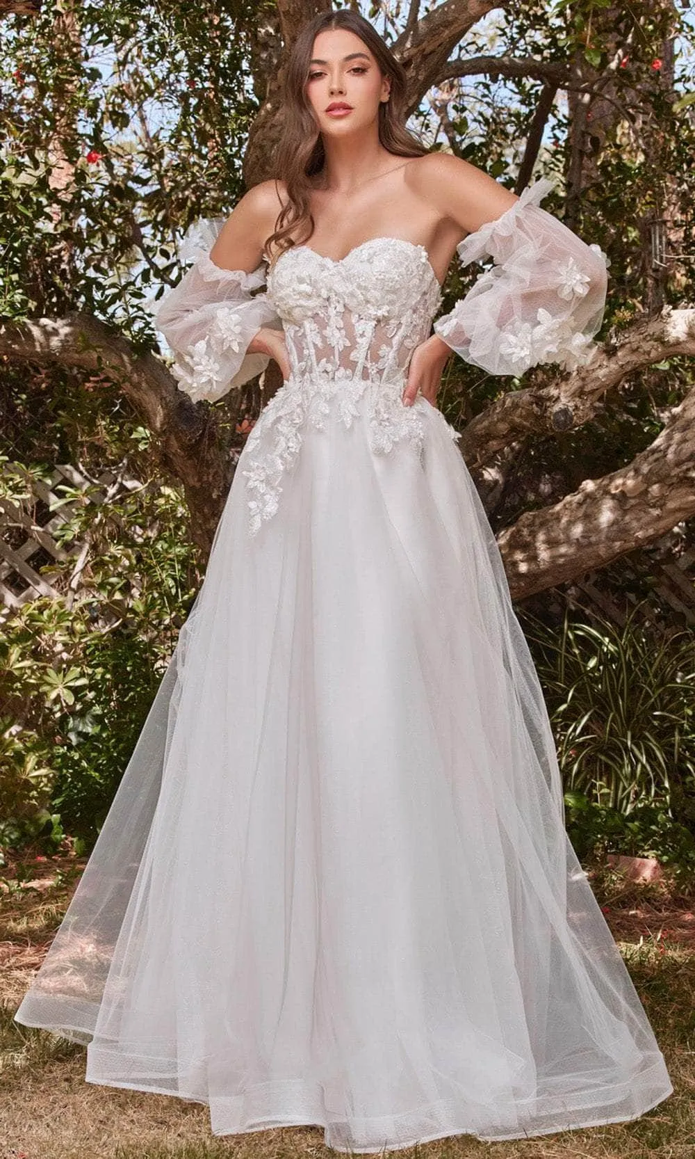 lace and 3d florals sheer bodice bishop sleeve bridal gown