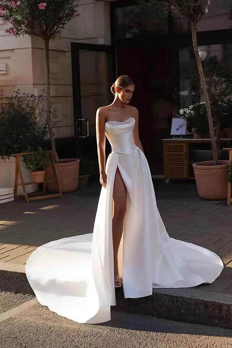 modern pearl satin high slit wedding dress