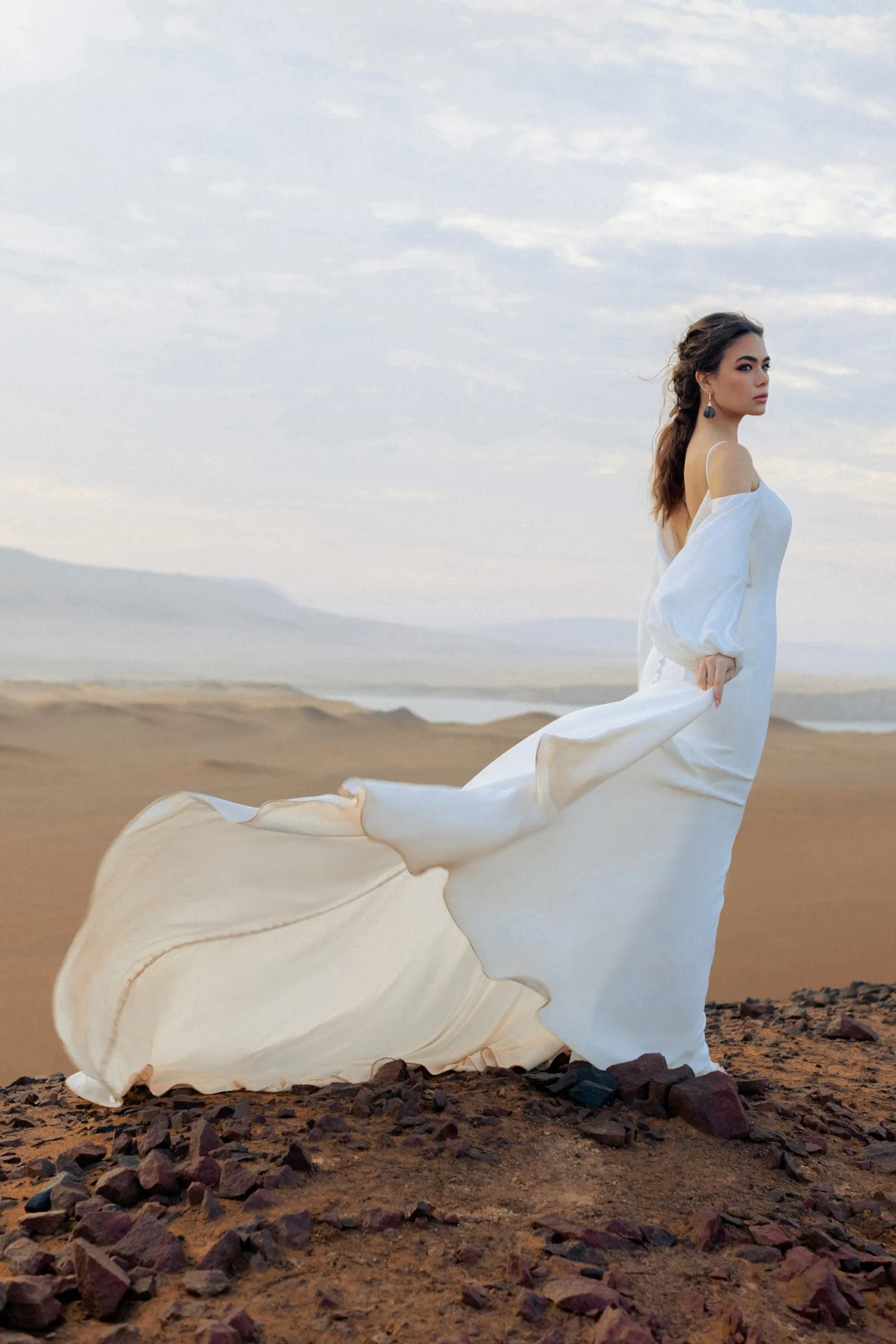 off shoulder sleeves ivory chiffon destination bridal gown