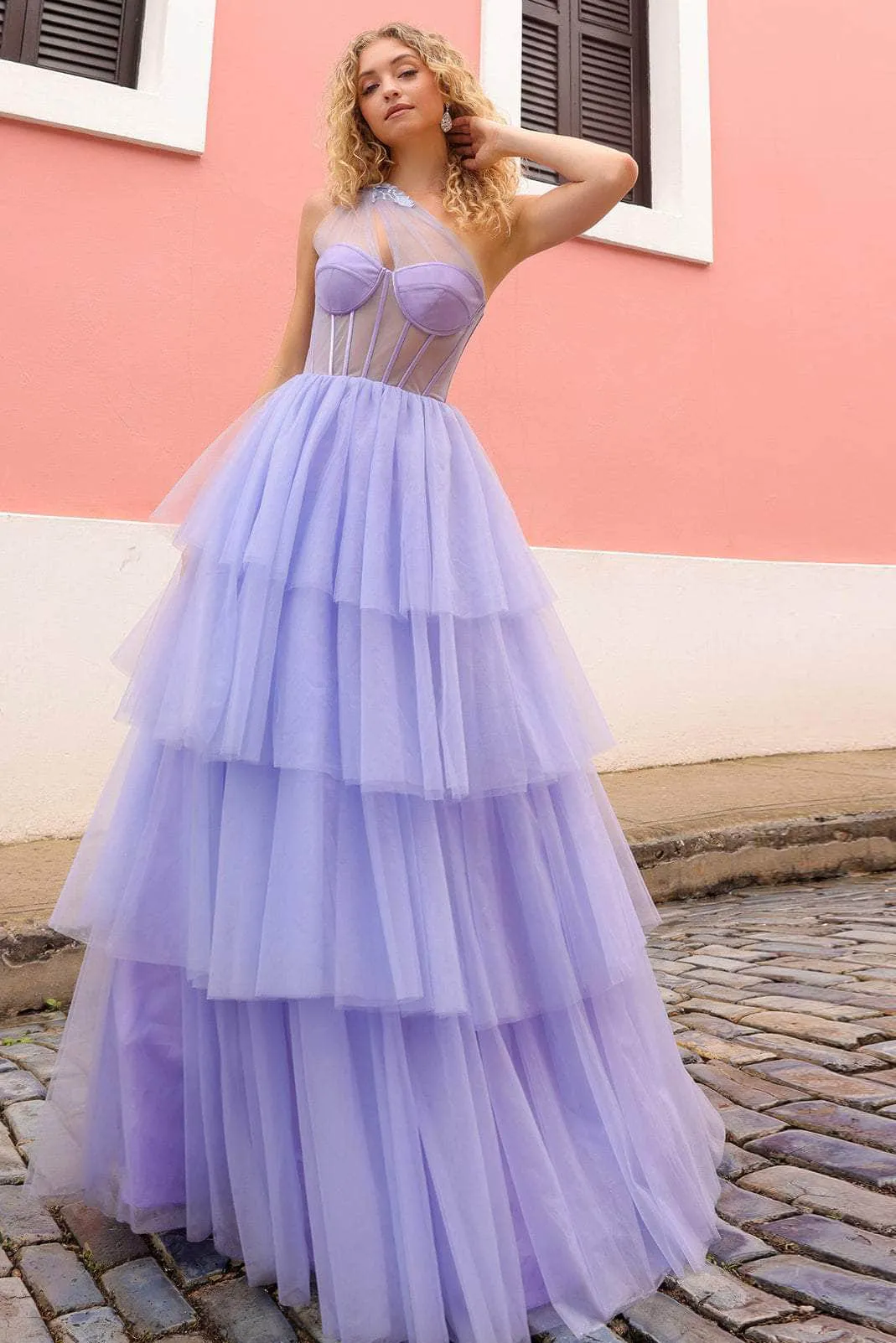one-shoulder sheer corset tiered tulle prom gown one shoulder sheer corset tiered tulle prom gown