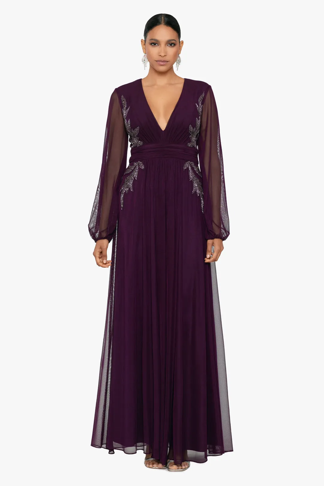 purple long sleeve beaded V-neck formal gown purple long sleeve V neck formal gown