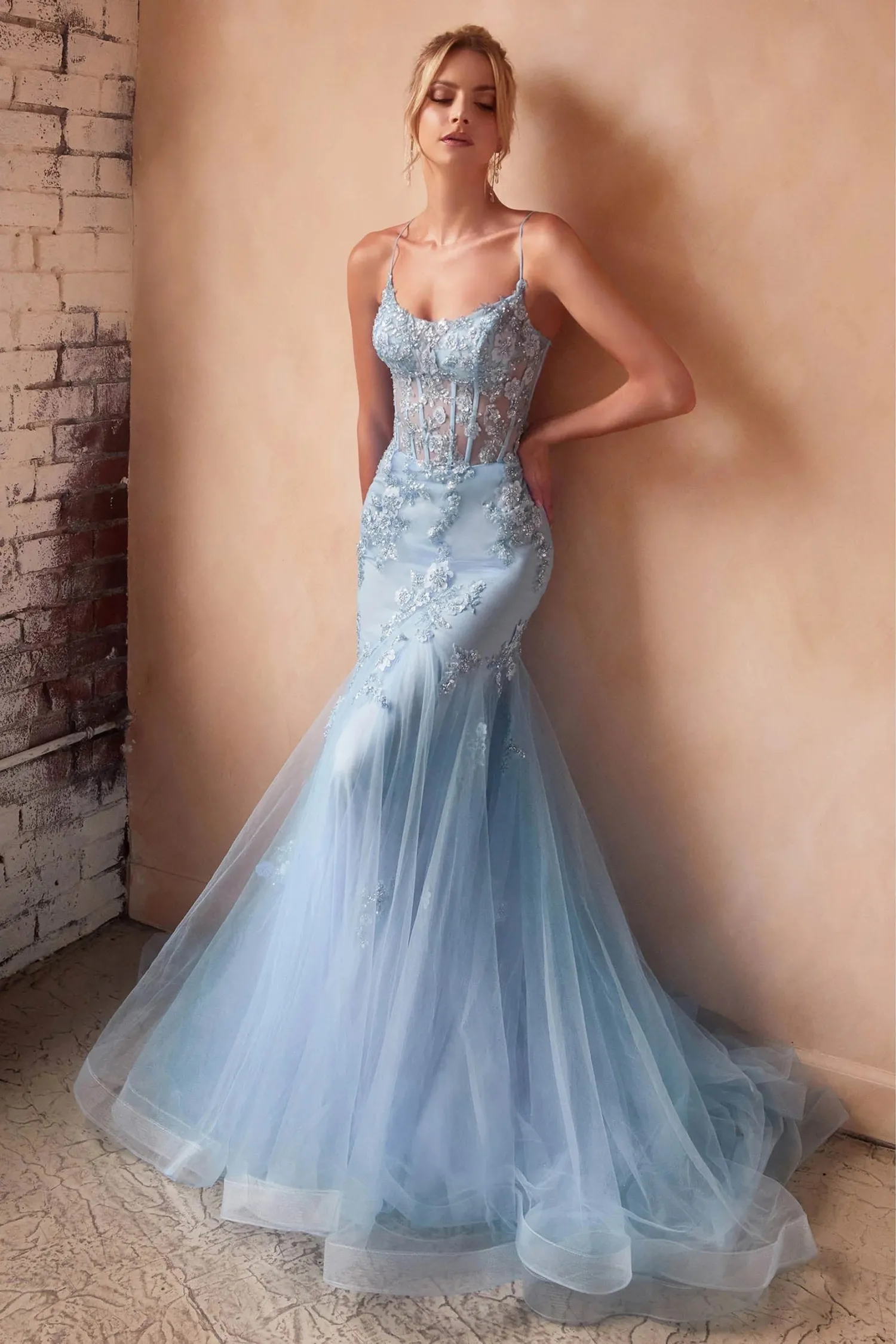 romantic light blue illusion corset wedding dress