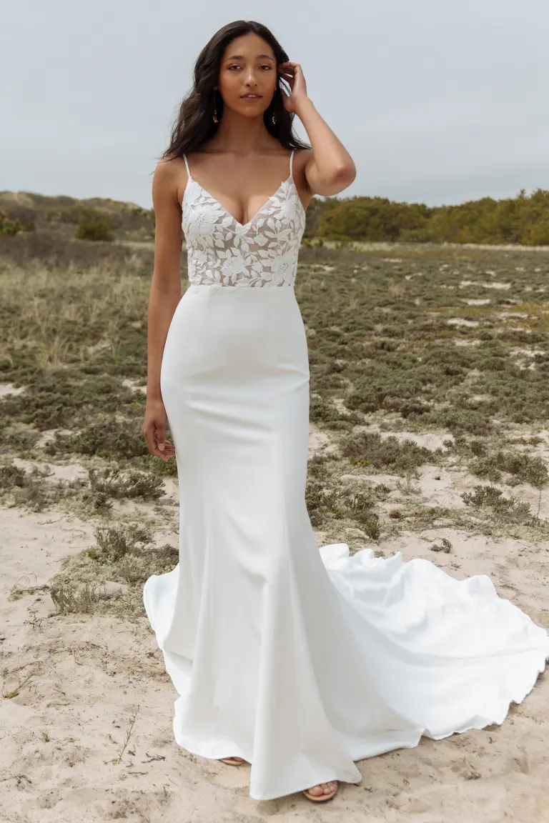 sleek spaghetti straps fit and flare wedding dress