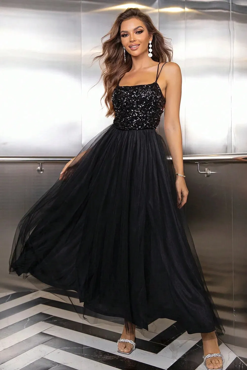 spaghetti strap sequin and tulle maxi dress spaghetti strap sequin and tulle maxi dress