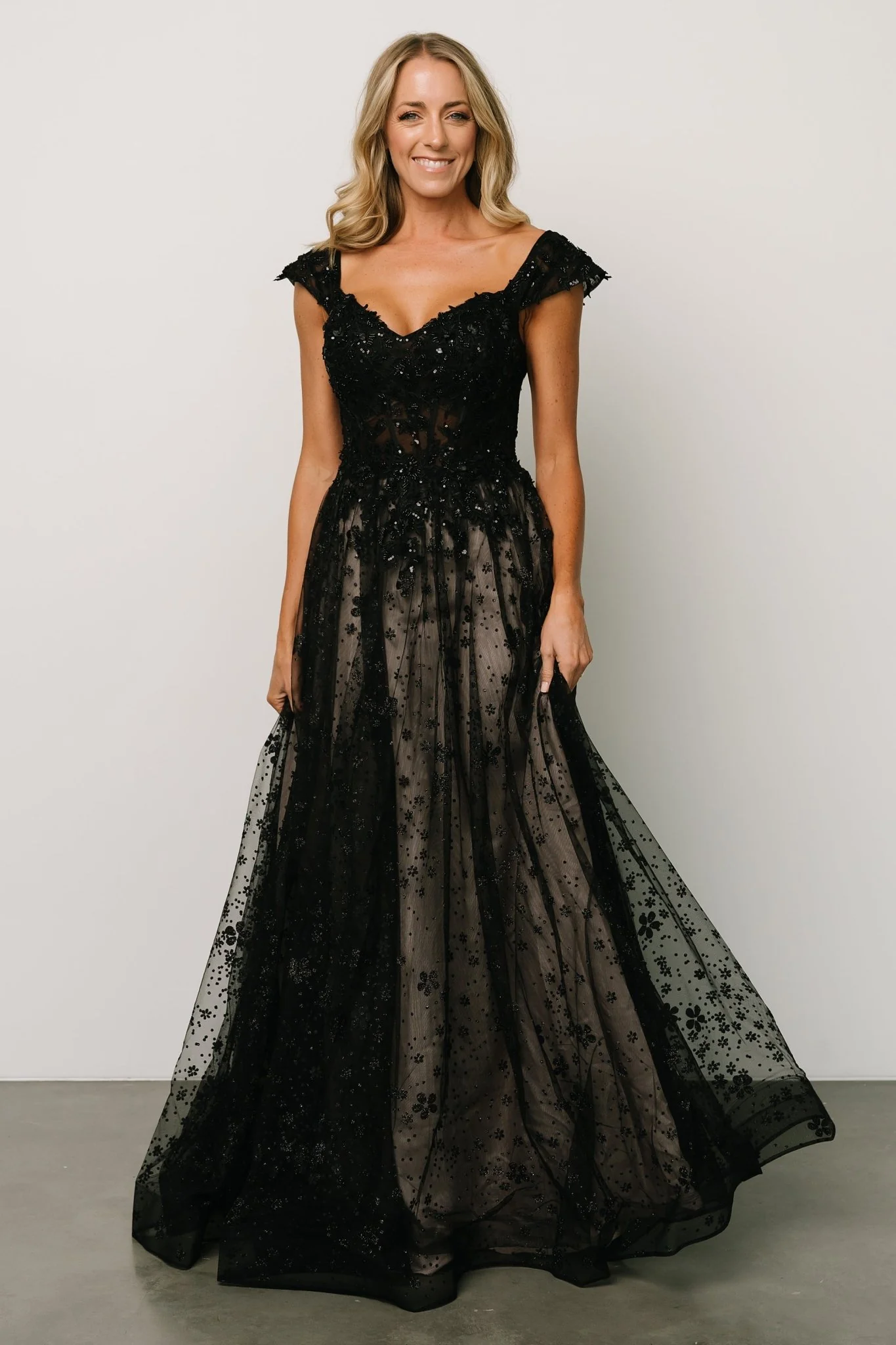 unique beaded black cap sleeve wedding dress