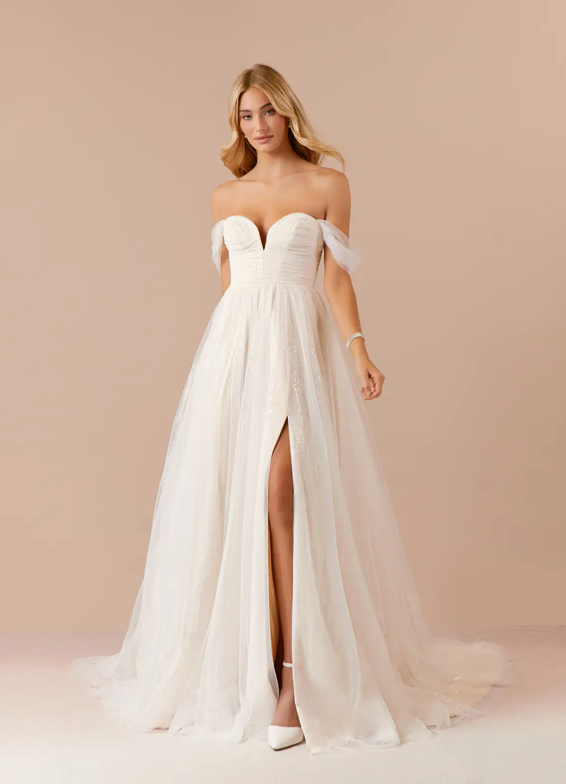 white champagne A line off the shoulder tulle bridal gown