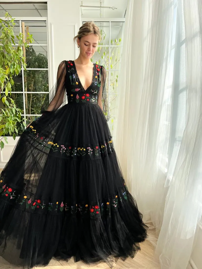 plunging neck floral tulle boho wedding party dress plunging neck floral tulle boho wedding party dress