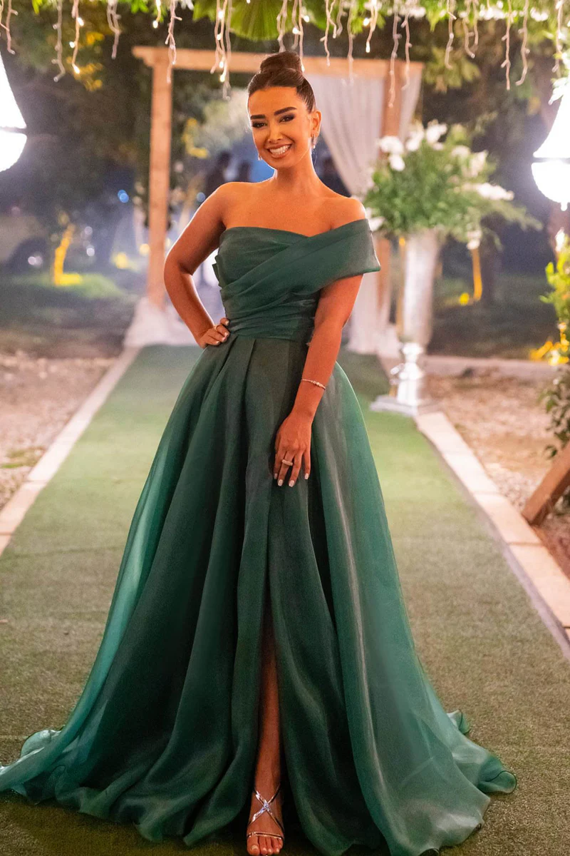 dark green one-shoulder evening dress with bowknot front split dark green one-shoulder evening dress with bowknot front split