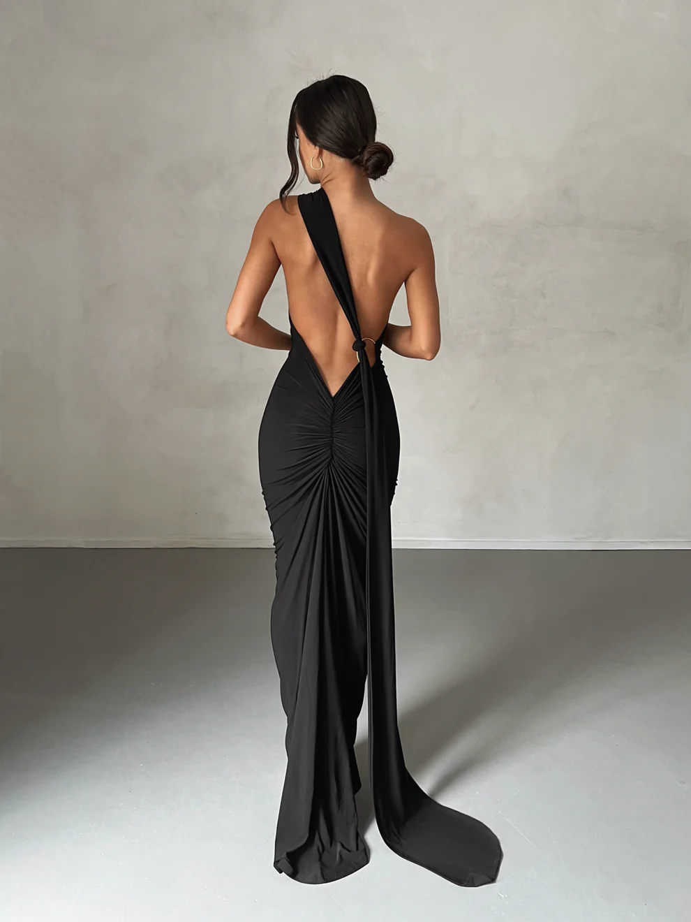 black satin asymmetric scarf neck backless evening dress black satin asymmetric scarf neck backless evening dress