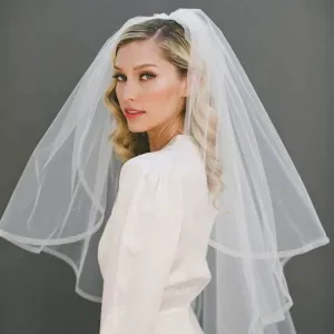 sheer ribbon edge fingertip length waterfall bridal veil