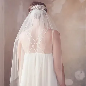 simple cut edge fingertip length ivory tulle bridal veil