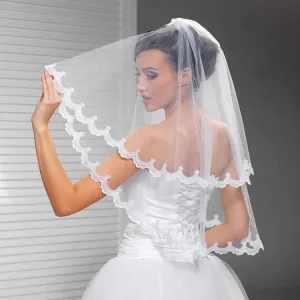 scalloped lace edge ivory tulle waist length bridal veil