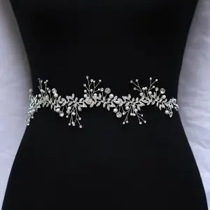 sparkly silver beading leaves pearls wedding sash belt