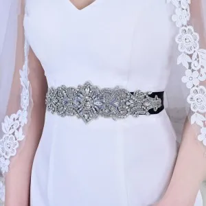 gorgeous silver rhinestone beaded satin waist sash