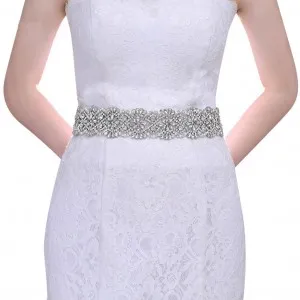 silver crystals beaded satin sash belt for wedding dress