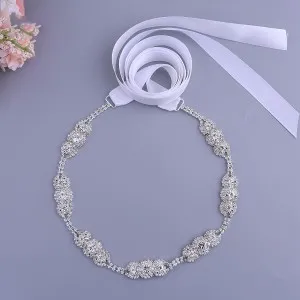 fashion white satin rhinestones formal dress thin belt