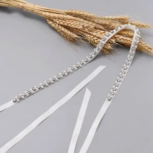 delicate crystal beads pearls thin bridal ribbon belt