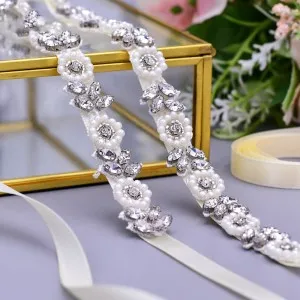sash belt decorated with bling pearls and crystal beads in floral shapes