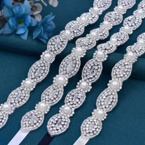 sparkly pearl and beading thin belt for bridal dress
