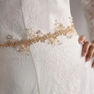 golden alloy leaf wedding belt with pearls rhinestones