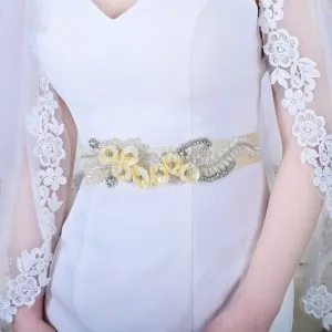 exquisite beige satin beaded flower pearled bridal belt