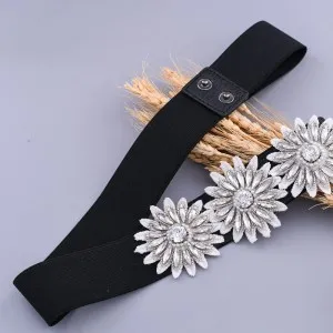 elegant beaded flower black elastic band party dress belt
