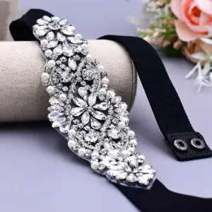 silver crystals shiny pearls lady black elastic belt