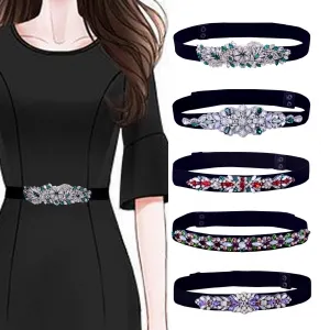 colorful opal diamonds black elastic belt for dresses