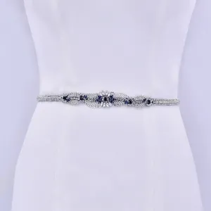 royal blue rhinestones clear crystals thin wedding belt