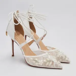 10cm thin heel pointy toe beaded pearled bridal pumps