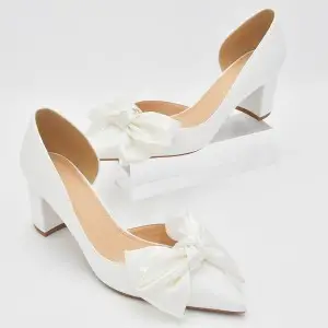 white leather block heel satin bow simple bridal pumps