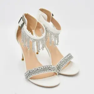 rhinestones and tassels white high heel bridal sandals