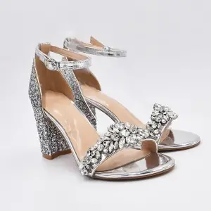 sparkly beaded chunky heel open toe silver party shoes