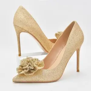 beaded flower adorned shiny gold glitter high heels
