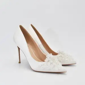 beaded white satin pointed toe marriage high heels