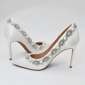 rich pearls rhinestones adorned white satin high heels