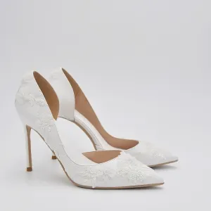 sequinned white pointy toe stiletto heel bridal shoes