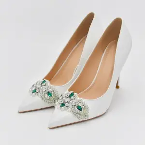 emerald rhinestones beaded elegant ivory wedding pumps