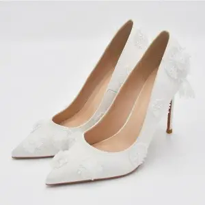 elegant beaded flower stiletto heel ivory bridal pumps