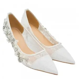 rhinestones pearls pointed toe kitten heel lace pumps