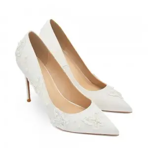 pearled butterfly appliqued pointed toe bridal pumps