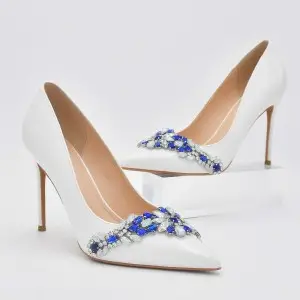 blue crystals beaded high heel pointed toe wedding shoes