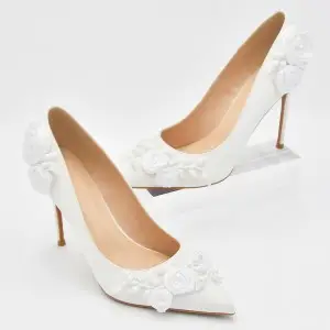 pearled rosebuds pointed toe satin feminine high heels