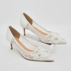 beaded ivory clear lace kitten heel wedding shoes